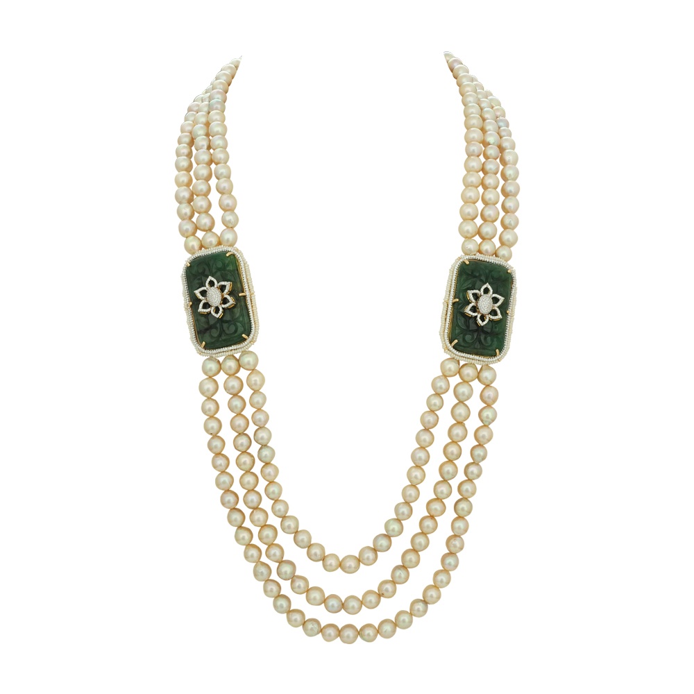 Carved Emerald Pearl Diamond Necklace