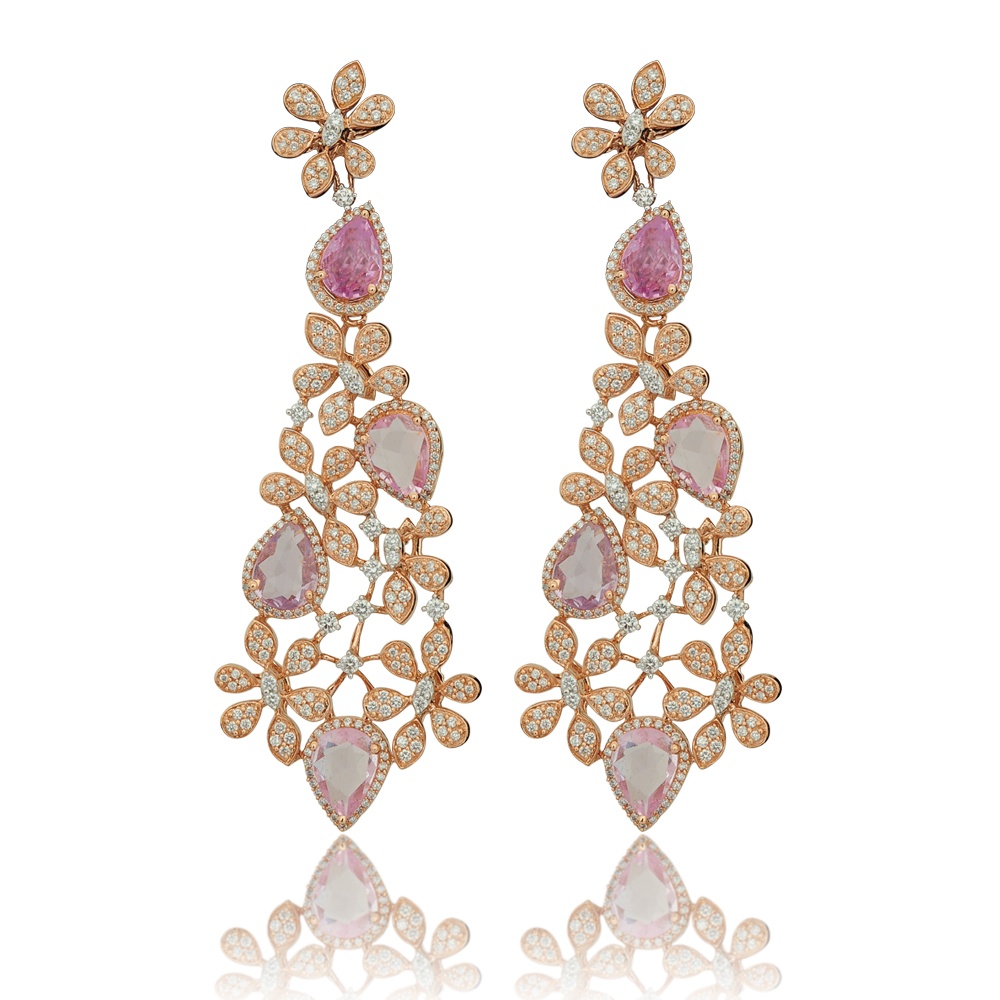 Pink Sapphire Diamond Necklace Earrings Set