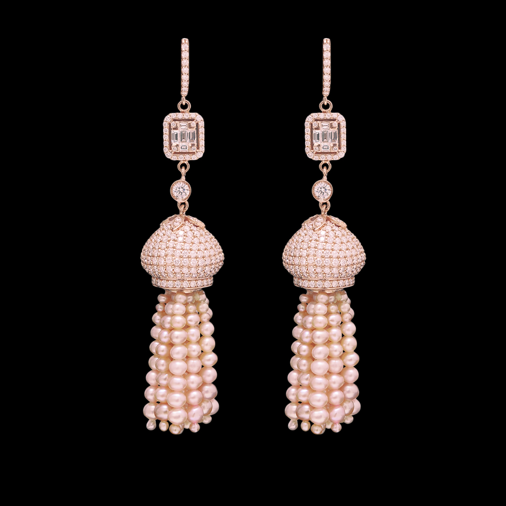 Pearl Tassel Diamond Jhumka Earrings