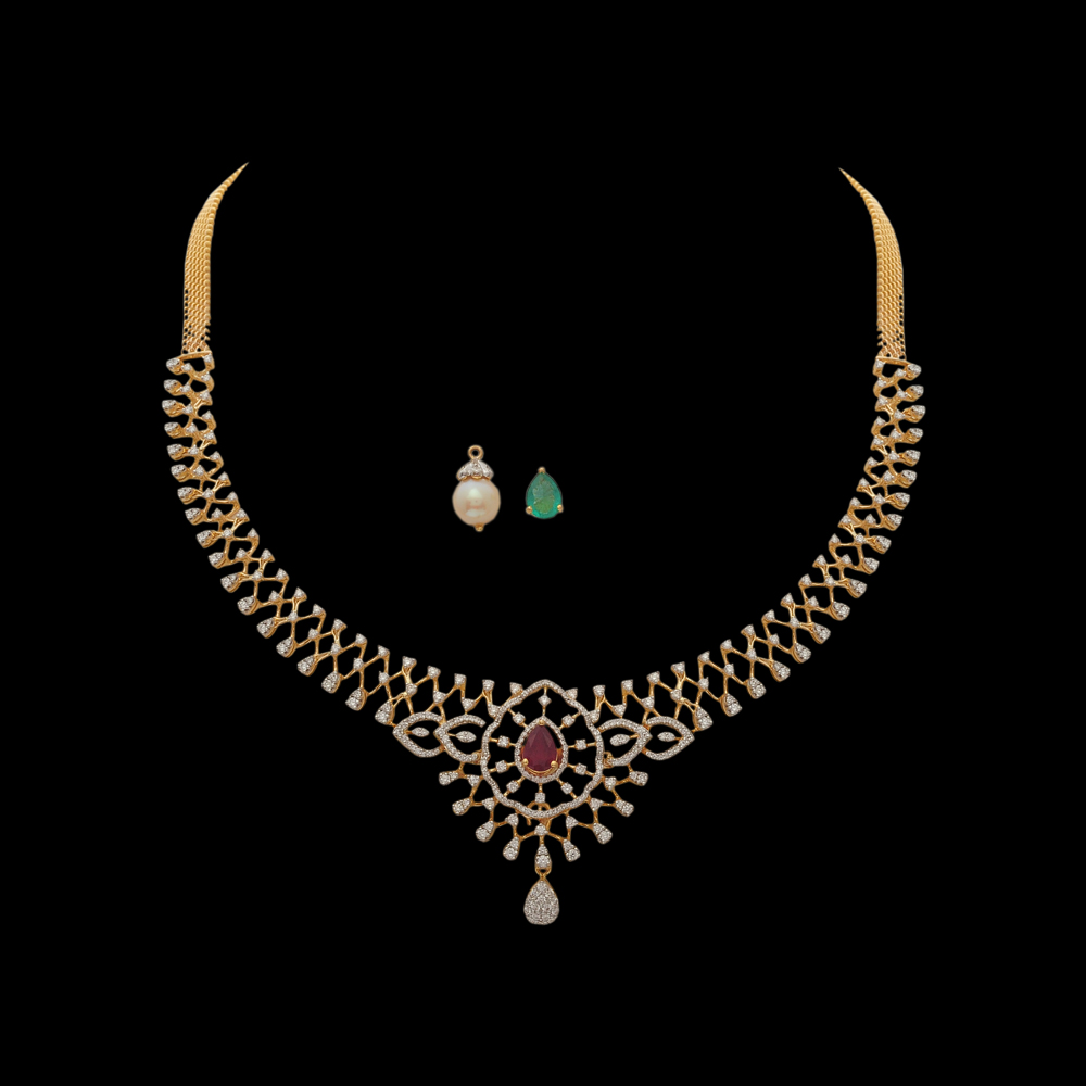 Natural Emerald/Ruby and Diamond Necklace with Changeable Pearl Drops