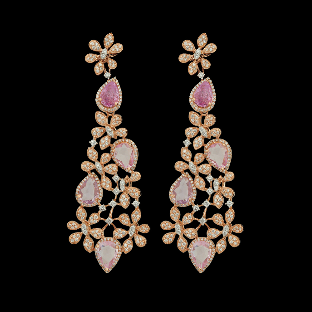 Pink Sapphire Diamond Necklace Earrings Set
