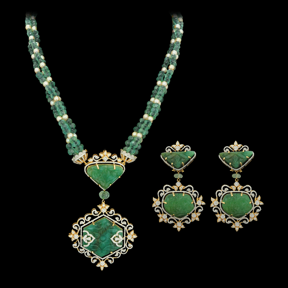 Emerald Diamond Necklace Earrings Set