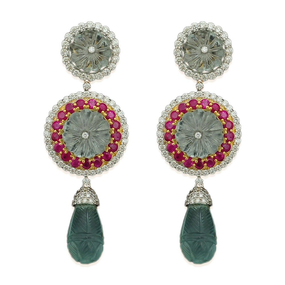 Aquamarine Ruby Diamond Necklace Earrings Set