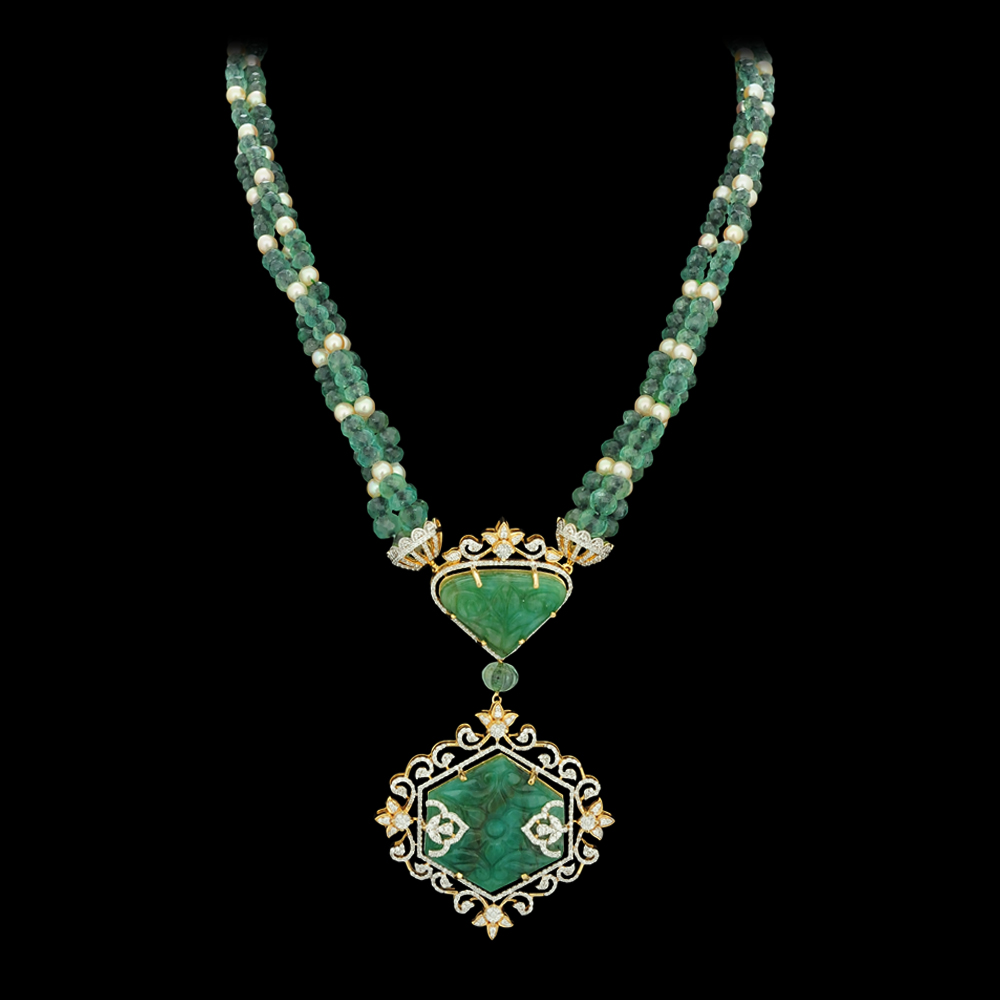 Emerald Diamond Necklace Earrings Set