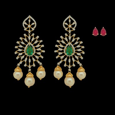 2-in-1 natural emerald/ruby and diamond earrings set with pearl drops