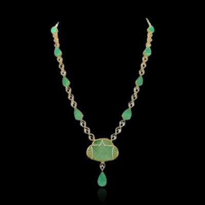 natural carved emerald and  diamond necklace